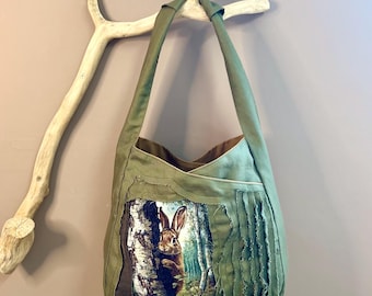 Hobo Bag Olive Green, Handmade, Boho Rabbit Print