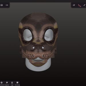 Op de afbeelding: Een 3D-model van een reptielen schedel, weergegeven in bruin- en beigetinten. De schedel heeft grote, ovale oogkassen en een gedetailleerde kaaklijn. Het model staat tegen een donkere achtergrond.