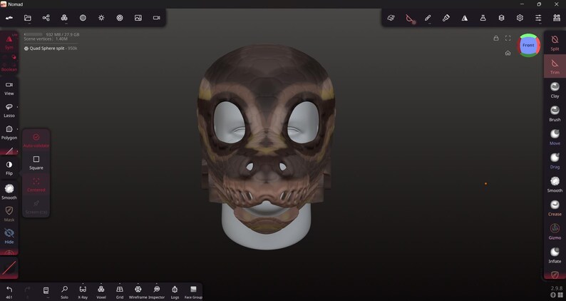 Op de afbeelding: Een 3D-model van een reptielen schedel, weergegeven in bruin- en beigetinten. De schedel heeft grote, ovale oogkassen en een gedetailleerde kaaklijn. Het model staat tegen een donkere achtergrond.