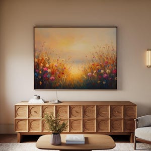 Spring Meadow Sunset Wall Art Print | Warm Wildflower Field Painting | Golden Hour Botanical Home Décor | Nature Landscape Poster