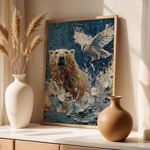 Winter Polar Bear Wall Art - Majestic Bear Splashing in Icy Waters, Printable Arctic Scene, Rustic Winter Decor, Wildlife Digital Print 106