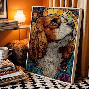 Cavalier King Charles Spaniel Kunst - Druckbares Hundeporträt, buntes Glasmalerei-Stil, rustikales Cottagecore-Dekor, digitale Wandkunst 2