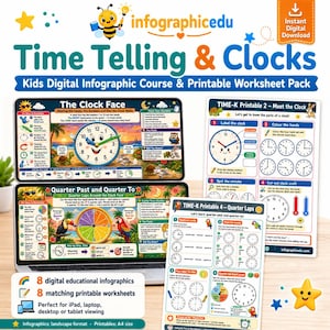 以下が含まれることがあります： Time Telling & Clocksというタイトルのデジタル教育用インフォグラフィックコースと印刷可能なワークシートパック。8枚の横型インフォグラフィックと、カラフルな時計の文字盤、動物、テキストが描かれた8枚のA4サイズワークシートが含まれています。