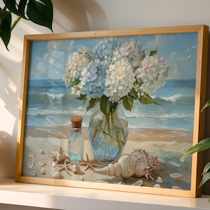 Coastal Floral Oil Painting: Cottagecore Seaside Flowers Art (Digital Download