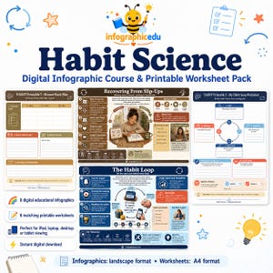May include: A digital infographic course and printable worksheet pack titled Habit Science. The set includes educational infographics and matching worksheets in A4 format, featuring diagrams on habit loops and recovery plans with blue and brown accents.