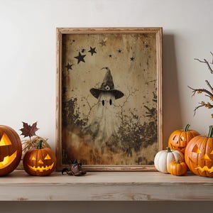 Halloween Decor Art, Primitive Witch Hat Ghost with Stars, Vintage Folk art, Mute Tones Wall Print, Autumn Decor Printable 925