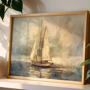 Vintage Segelboot Aquarell Print: Coastal Cottagecore Wandkunst (Digitaler Download