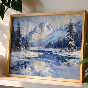Winter Mountain Landscape Print: Rustic Cottage Scene (Digital Download