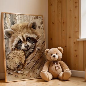 Woodland Nursery Art -  Baby Raccoon Wall Art, Rustic Woodland Decor for Kids Room, Cute Cottagecore Raccoon Print 1255