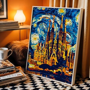 Sagrada Familia Starry Night Print: Van Gogh Style Barcelona Art (Digital Download