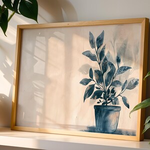 Minimalist Blue Plant Art Print - Rustic Botanical Wall Art, Vintage Nature Decor, Earthy Home Decor, Printable Indoor Plant Poster 395