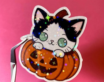 Custom Cat Halloween Sticker: Fall Pumpkin Jack o Lantern Art