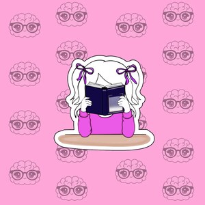 Custom Girl reading and studying DSM-5 sticker featuring a cute girl wearing pink with bows in her hair, psychology humor sticker for grad students and therapists