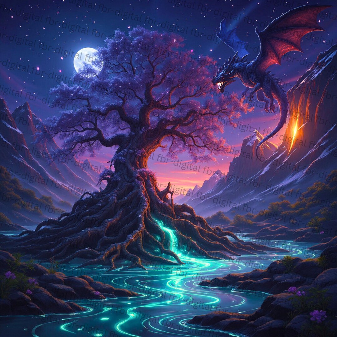 Fantasy Dragon Digital Art Print – Moonlit Tree & Glowing River ...