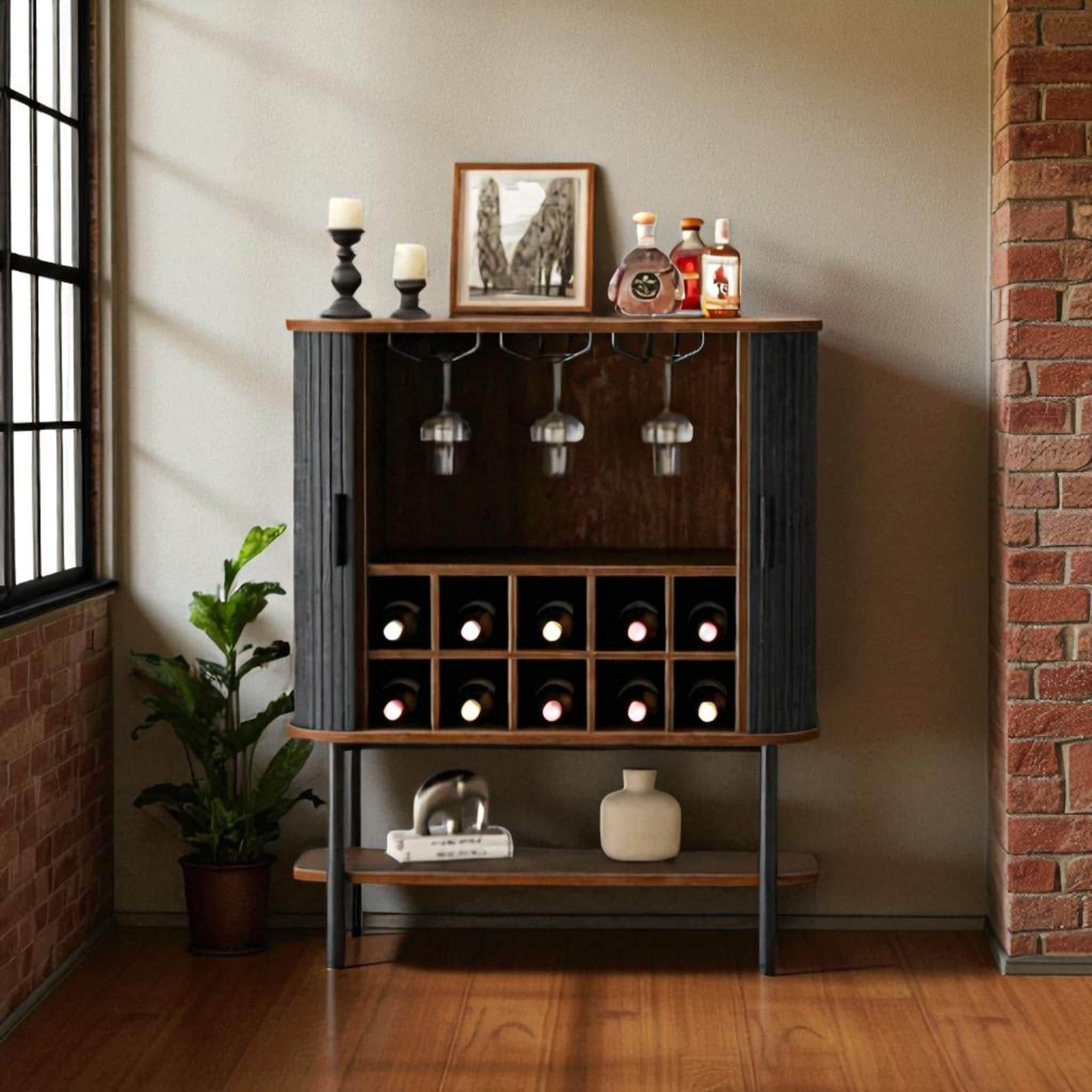 Coffee Bar Cabinet with Wine Rack & Glass Holder - Fluted Liquor Cabinet with Sliding Door, Buffet Sideboard Storage for Kitchen