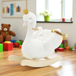 White Swan Rocking Horse - Wooden Rocker for Babies & Toddlers, Soft Stuffed Animal Rocking Chair, Nursery Decor, Christmas or Birthday Gift