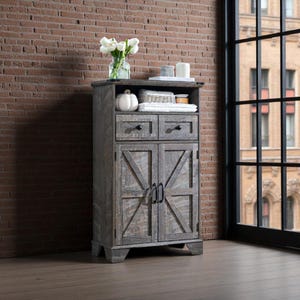 Farmhouse Floor Cabinet - 24&quot; Wide Storage with Drawer & Adjustable Shelf, Barn Door Bathroom Kitchen Cabinet, Living Room Organizer