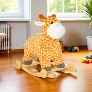 2-in-1 Rocking Horse & Rolling Giraffe Ride On Toy with Sound - Wooden Base, Pedal , Grip Handle, Plush Riding Pony for Kids 3-6 Years