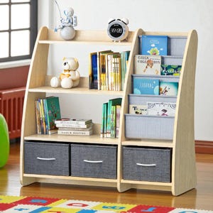 Kids Bookshelf - Wooden Toy Storage Organizer with 3 Cube Bins, Baby Bookcase, Sailboat Arc Design for Nursery, Playroom or Classroom