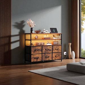 6-Drawer Dresser with LED Lights & Charging Station - LED Storage Dresser for Bedroom - Fabric Chest of Drawers with Open Shelves