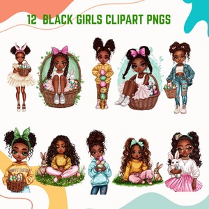 Black Girl Easter Clipart - Set of 12 Easter png Easter Bunny Pretty Adorable Girl Beautiful Young Afro American Melanin Magic Sublimation