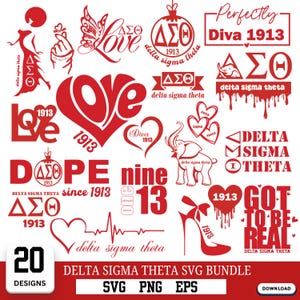 May include: A collection of 20 red Delta Sigma Theta designs, including hearts, butterflies, and text elements like "Love," "Dope," and "Got to be Real." The designs are available in SVG, PNG, and EPS formats.