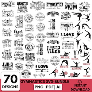 Puede incluir: Un conjunto de 70 diseños SVG con temática de gimnasia en blanco y negro. Los diseños incluyen citas basadas en texto, siluetas de gimnastas y frases como "Gymnastics Mom" y "I Love Gymnastics". El paquete está disponible en formatos PNG, PDF y AI.