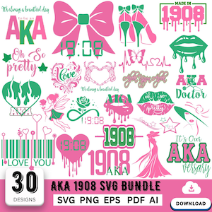 Puede incluir: Un paquete de diseños digitales con gráficos rosas y verdes, que incluyen un lazo, tacones altos, labios y el texto "AKA 1908 SVG Bundle". Los diseños incluyen el texto "I Love You" y "30 Designs."
