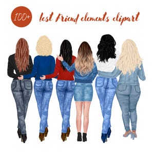 Beste vrienden clipartset, Soul Sisters png, BFF meisje illustratie, brunette en blonde vriendschap kunst, lang haar girly clipart, digitaal bestand
