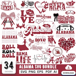 Könnte beinhalten: Eine Sammlung von 34 Alabama-Themen-SVG-Designs in Rot und Weiß, darunter Textgrafiken wie "Bama", "Roll Tide" und "Alabama". Das Bundle enthält verschiedene Illustrationen wie einen Football, einen Elefanten und Herzen. Der Text "ALBAMA SVG BUNDLE" ist ebenfalls enthalten.