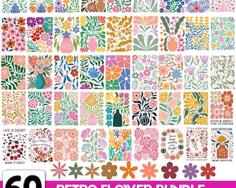 Op de afbeelding: Een verzameling van 60 retro bloemdesigns in PNG-formaat. De ontwerpen tonen diverse bloemstukken, vazen en decoratieve elementen in een levendig kleurenpalet. Tekst bevat "Life is Short", "Make it Sweet" en "Stop & Smell the Flowers".