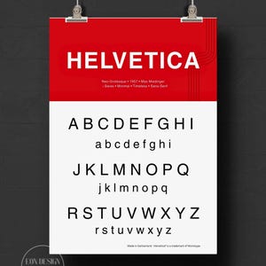 Helvetica Typeface Poster – Modern Swiss Font Print, Red & White Typography Wall Art, Bauhaus-Inspired Alphabet Print