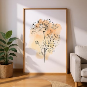 Stampa botanica di margherite, stampa murale di fiori disegnati a mano, sfondo acquerello, stampa minimalista, stampa a inchiostro