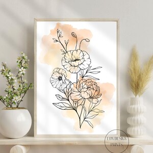 Botanische bloem kunst aan de muur, minimalistische bloemen muur decor, inkt lijntekening, aquarel, elegante print, bloemenprint, moderne inrichting,
