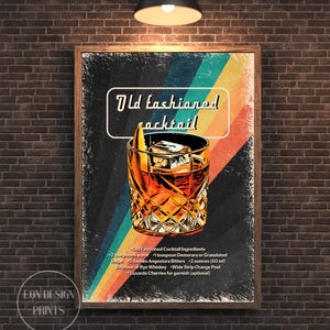 Retro ouderwetse cocktailprint, vintage muurkunst, eten en drinken print, kunst aan de muur keukenbar restaurant, gratis verzending