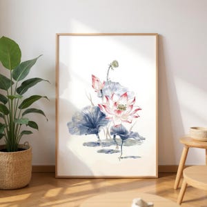 Watercolor Lotus Flower Print | Asian Art Botanical Print | Elegant Floral Wall Art | Zen Home Art | Modern Botanical Home Decor |