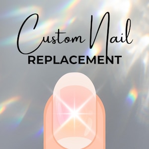 May include: An illustration of a fingernail with a custom nail replacement. The nail is a light pink color with a bright starburst design. The words "Custom Nail Replacement" are written in black script and block letters.