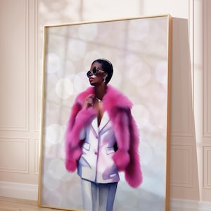 Fashion Diva Wall Art – Pink Fur Glam Digital Print | Boss Babe Poster | Printable Artwork, Chic Black Woman Art | Glamorous Aesthetic Decor