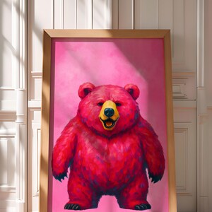 Impresión artística de oso rosa vibrante / Decoración de pared con animales atrevidos y extravagantes / Póster colorido para habitación infantil o guardería / Descarga digital