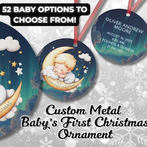 Personalized Baby&#39;s First Christmas Metal Ornament | Custom Newborn Keepsake Gift (Northern Lights)