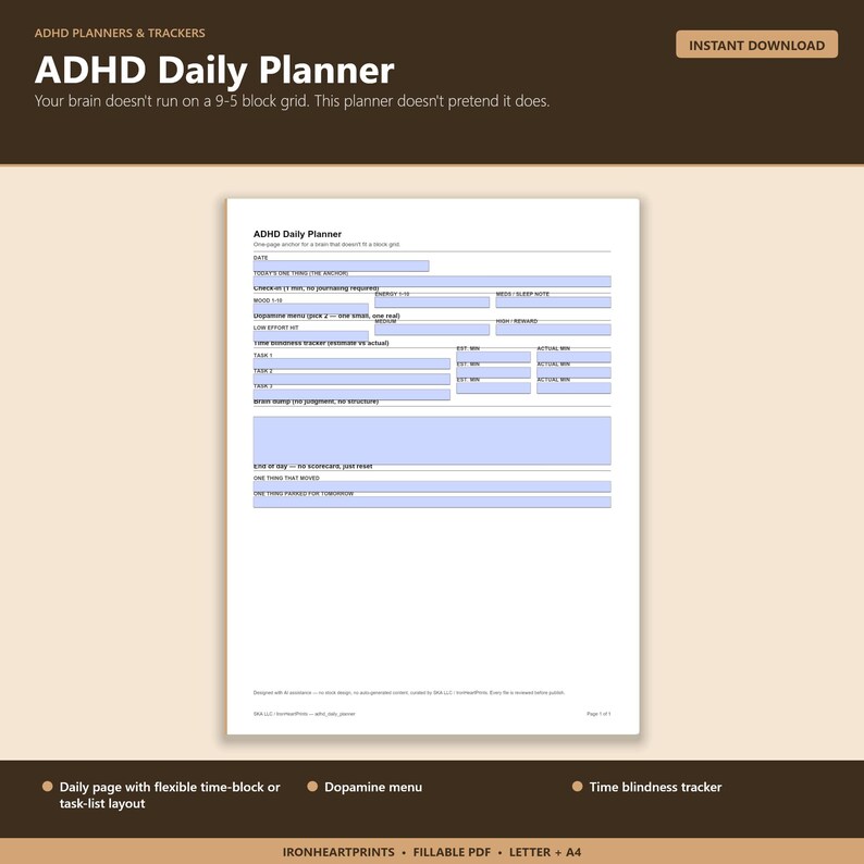 2026 ADHD Daily Planner Printable PDF | Executive Function, Time Blindness, Dopamine Menu, Fillable Adult ADHD image 2