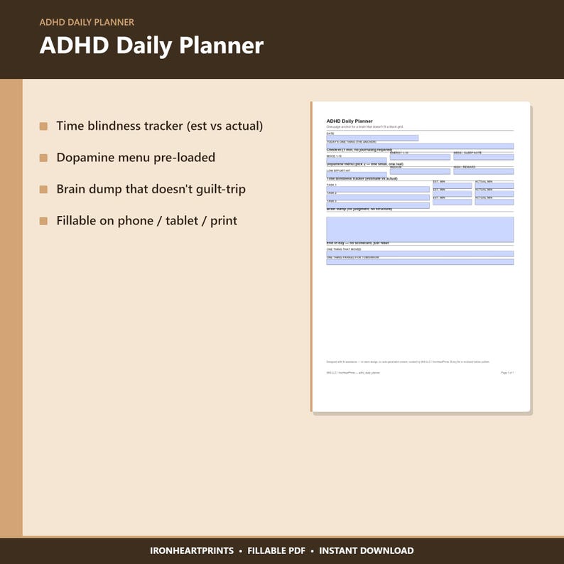 2026 ADHD Daily Planner Printable PDF | Executive Function, Time Blindness, Dopamine Menu, Fillable Adult ADHD image 8
