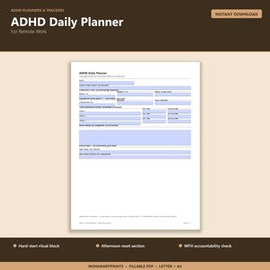 Utskrivbar daglig planerare för distansarbete med ADHD | Tidsblockering, fokusritual, arbetsyta, PDF
