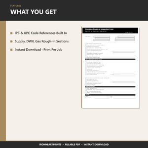May include: A digital Plumbing Rough-In Inspection Form document featuring sections for supply, DWV, and gas rough-in. The form includes built-in IPC and UPC code references, checkboxes for inspection items, and a sign-off area at the bottom of the page.