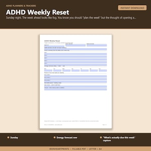 2026 ADHD Wochenplaner Printable PDF | Exekutivfunktion Erholung, Energietracker, Sonntagsreset, Ausfüllbar Bild 1