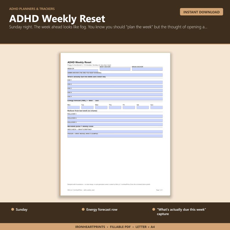 2026 ADHD Wochenplaner Printable PDF | Exekutivfunktion Erholung, Energietracker, Sonntagsreset, Ausfüllbar Bild 1