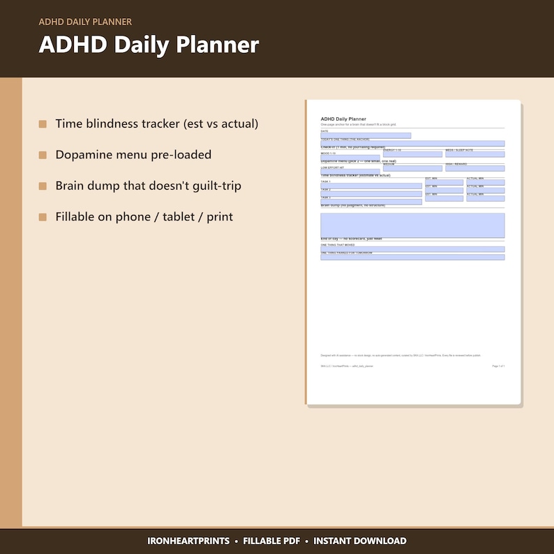 2026 ADHD Daily Planner Printable PDF | Executive Function, Time Blindness, Dopamine Menu, Fillable Adult ADHD image 7