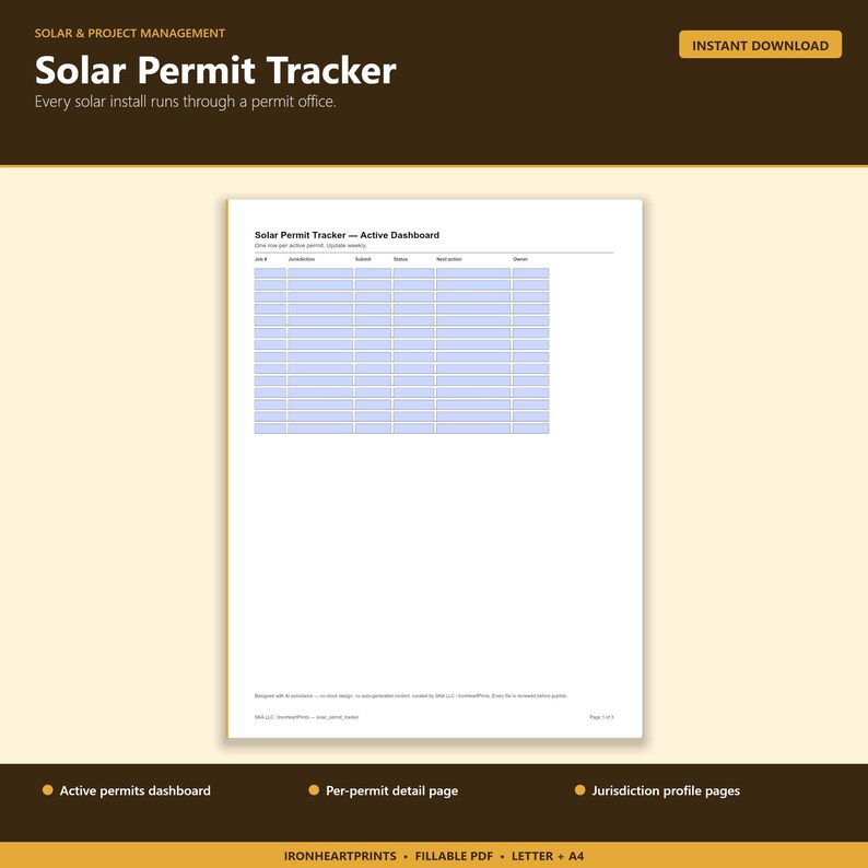 Renovation Permit Tracker Printable PDF | Home Improvement Permit Log, Multi-Jurisdiction, Submit Dates, Approval Status image 2