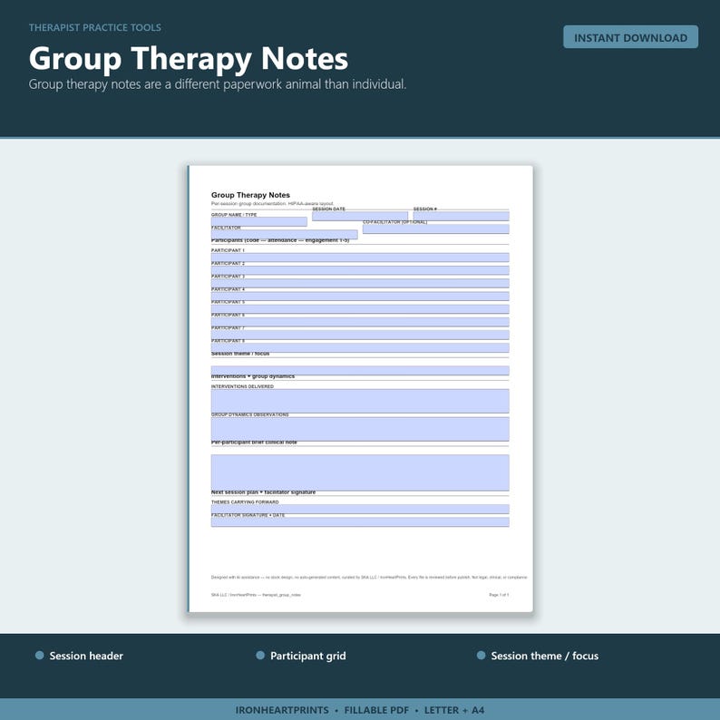 Group Therapy Notes Template | Fillable PDF Session Log for LCSW LPC | Clinical Documentation, Participant Tracker, Counseling Form image 1