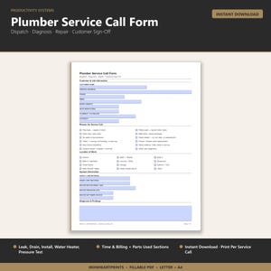 Plumber Service Call Form Fillable PDF | Dispatch to Closeout, Leak, Drain, Repair, Customer Sign-Off